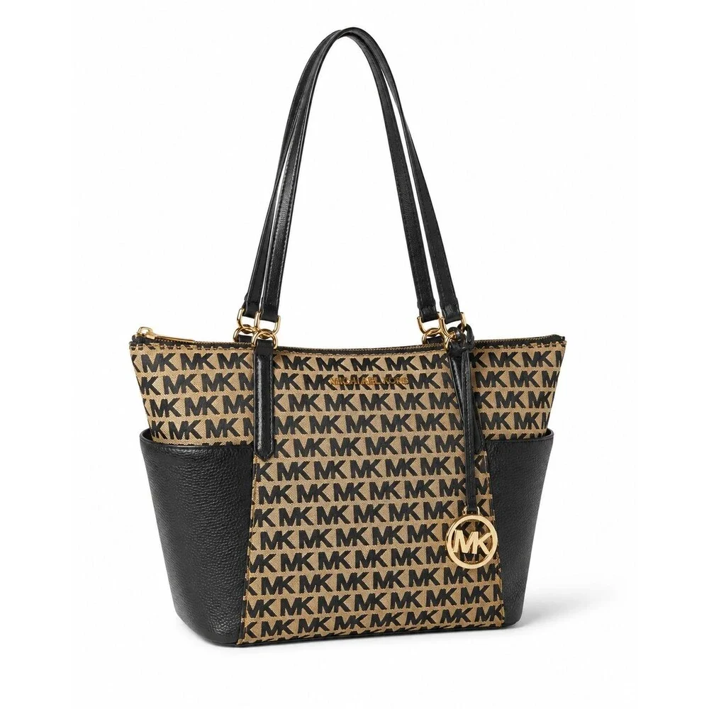Michael Kors Signature Logo Tote Bag Beige Black Jet Set Gold Hardware Zip Top